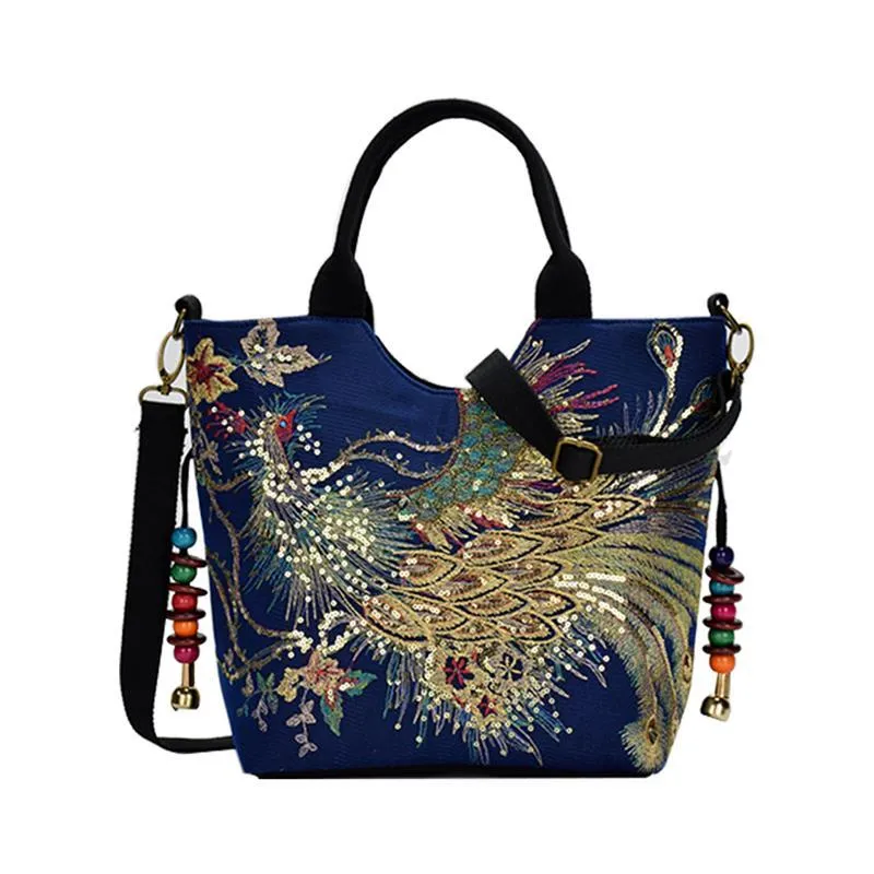 New Women's Handbag Ethnic Style Canvas Casual Shoulder Bag Fashion Peacock Embroidery Satchel Tote Bag Ladies Crossbody Bag