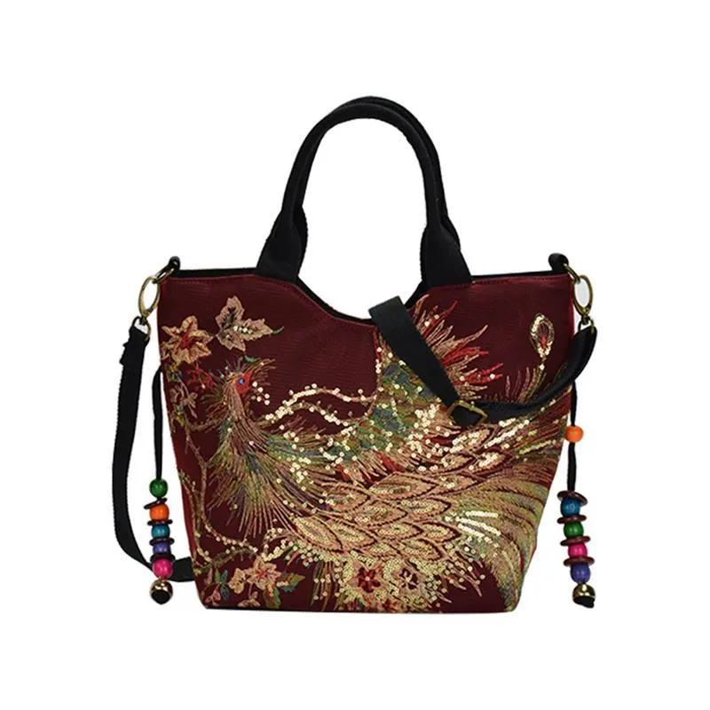 New Women's Handbag Ethnic Style Canvas Casual Shoulder Bag Fashion Peacock Embroidery Satchel Tote Bag Ladies Crossbody Bag