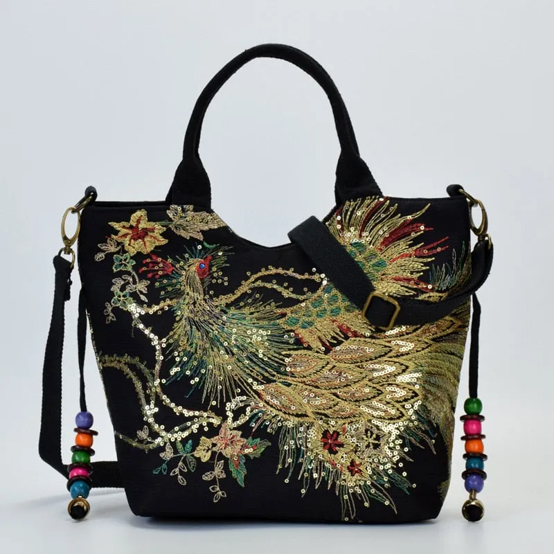 New Women's Handbag Ethnic Style Canvas Casual Shoulder Bag Fashion Peacock Embroidery Satchel Tote Bag Ladies Crossbody Bag