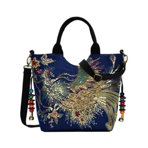 New Women's Handbag Ethnic Style Canvas Casual Shoulder Bag Fashion Peacock Embroidery Satchel Tote Bag Ladies Crossbody Bag