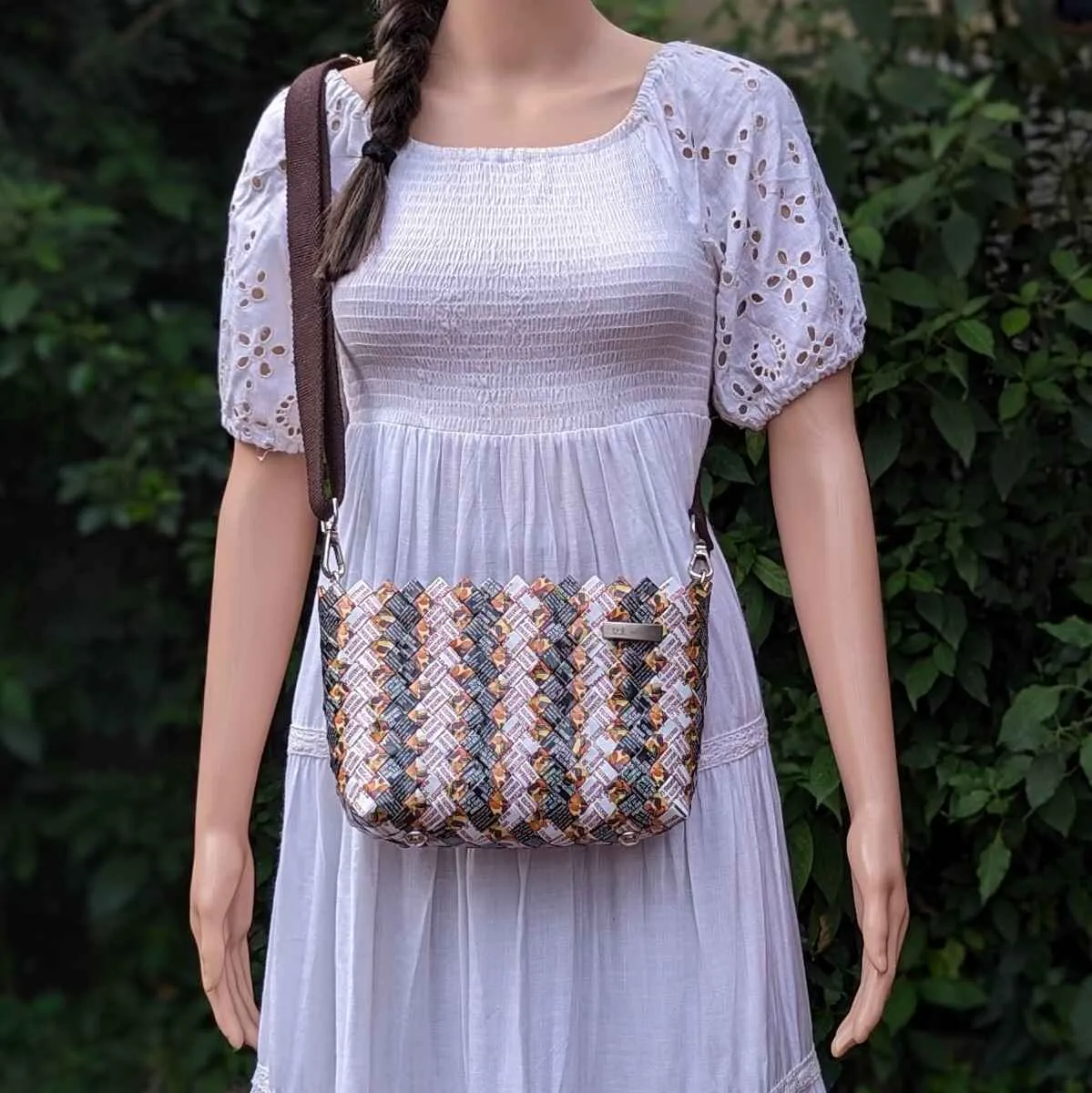 Orange Brown White Upcycled Origami Handcrafted Basketry Sling (NBB0824-003) PS_W