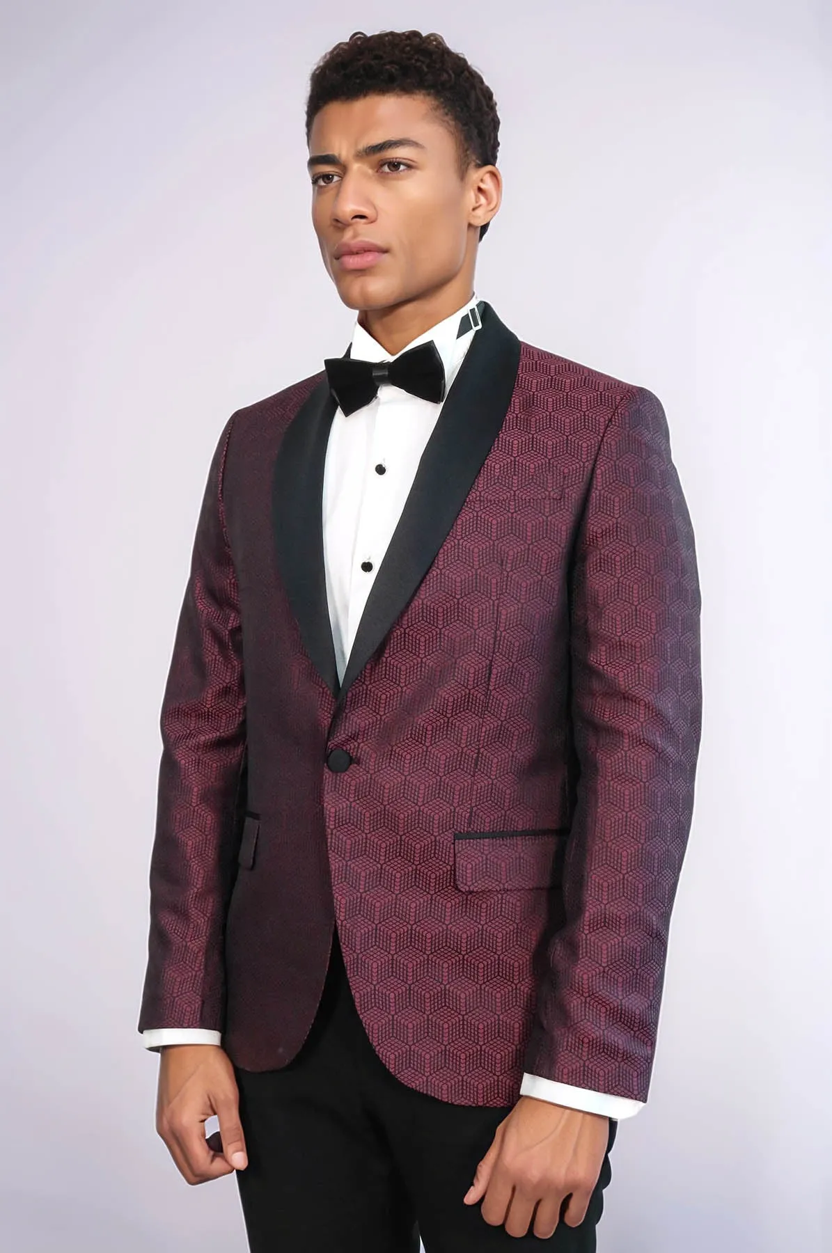 Pentagon Patterned Shawl Lapel Burgundy Men Dinner Jacket - Wessi