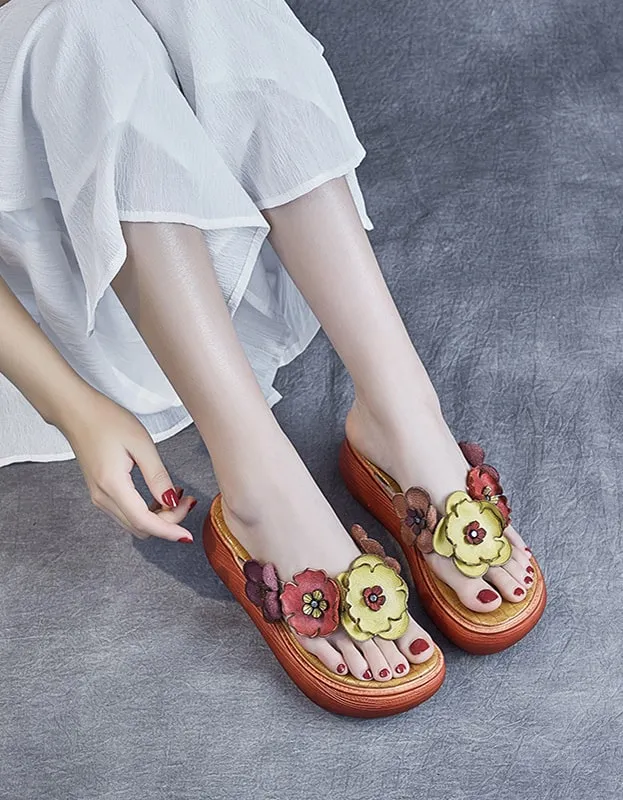 Retro Flower Wedge Flip Flops Summer Slippers