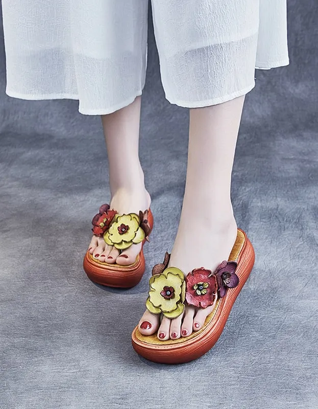 Retro Flower Wedge Flip Flops Summer Slippers