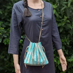 Shimmery Golden and Green Striped Upcycled Handwoven Potli Sling (PS0824-014) PS_W
