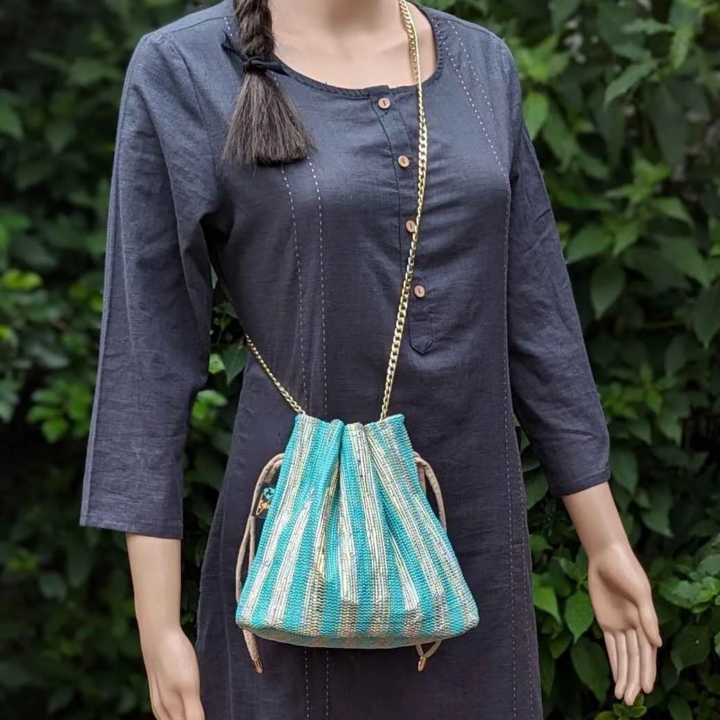 Shimmery Golden and Green Striped Upcycled Handwoven Potli Sling (PS0824-014) PS_W