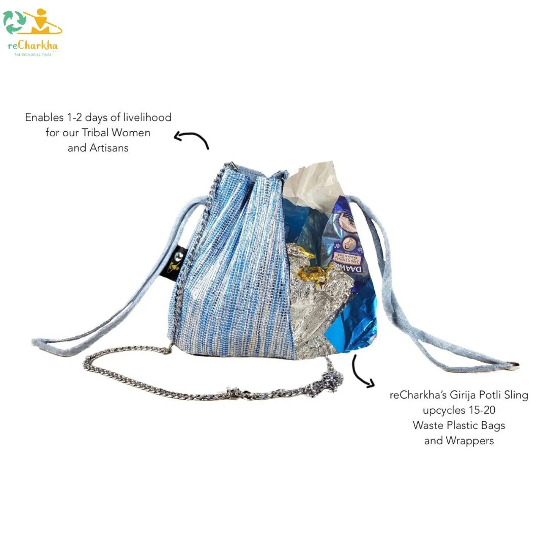 Shimmery Golden and Green Striped Upcycled Handwoven Potli Sling (PS0824-014) PS_W