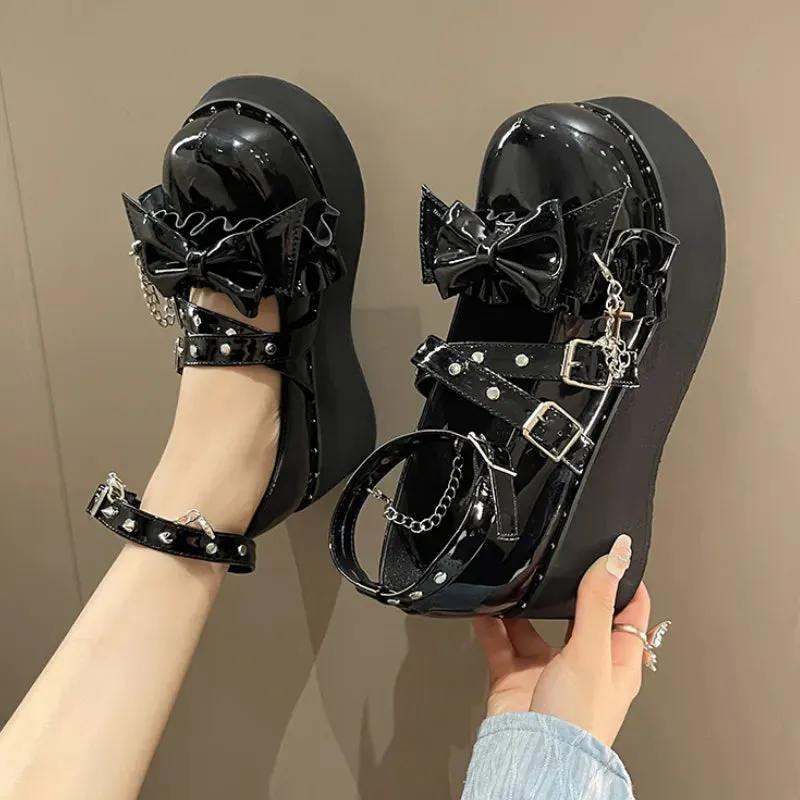 Sohiwoo  Spring Chunky Platform Mary Janes Women Sweet Bowtie Ankle Strap Lolita Shoes Woman Rivets Punk Gothic Shoes Pumps