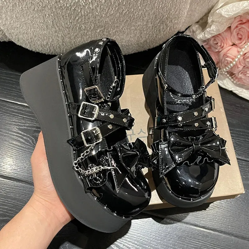 Sohiwoo  Spring Chunky Platform Mary Janes Women Sweet Bowtie Ankle Strap Lolita Shoes Woman Rivets Punk Gothic Shoes Pumps