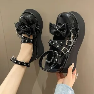 Sohiwoo  Spring Chunky Platform Mary Janes Women Sweet Bowtie Ankle Strap Lolita Shoes Woman Rivets Punk Gothic Shoes Pumps