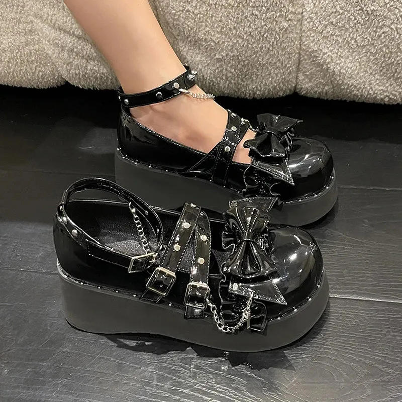 Sohiwoo  Spring Chunky Platform Mary Janes Women Sweet Bowtie Ankle Strap Lolita Shoes Woman Rivets Punk Gothic Shoes Pumps