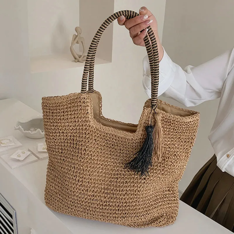 Sohiwoo Straw Weave Tassel Tote Summer Beach Bags for Women  Large Capacity Fashion Shoulder Bag Lady Handbags and Purses
