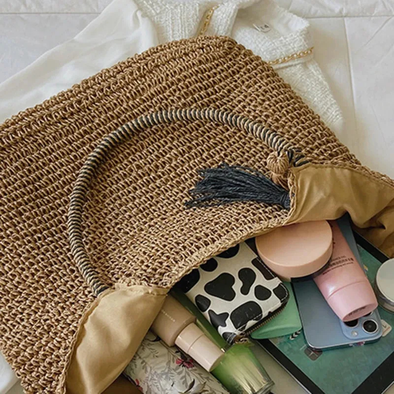 Sohiwoo Straw Weave Tassel Tote Summer Beach Bags for Women  Large Capacity Fashion Shoulder Bag Lady Handbags and Purses
