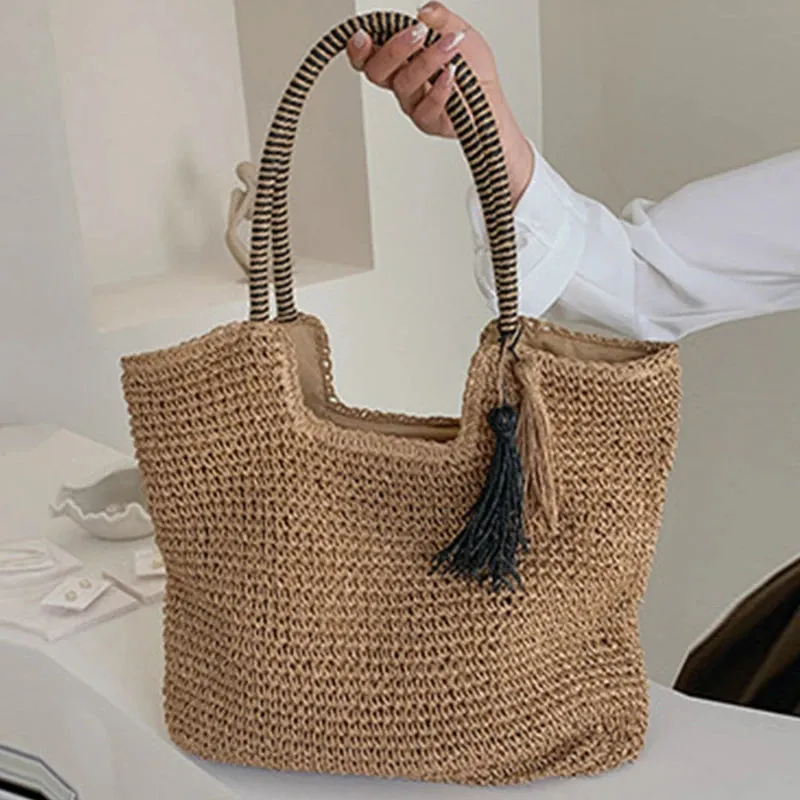 Sohiwoo Straw Weave Tassel Tote Summer Beach Bags for Women  Large Capacity Fashion Shoulder Bag Lady Handbags and Purses