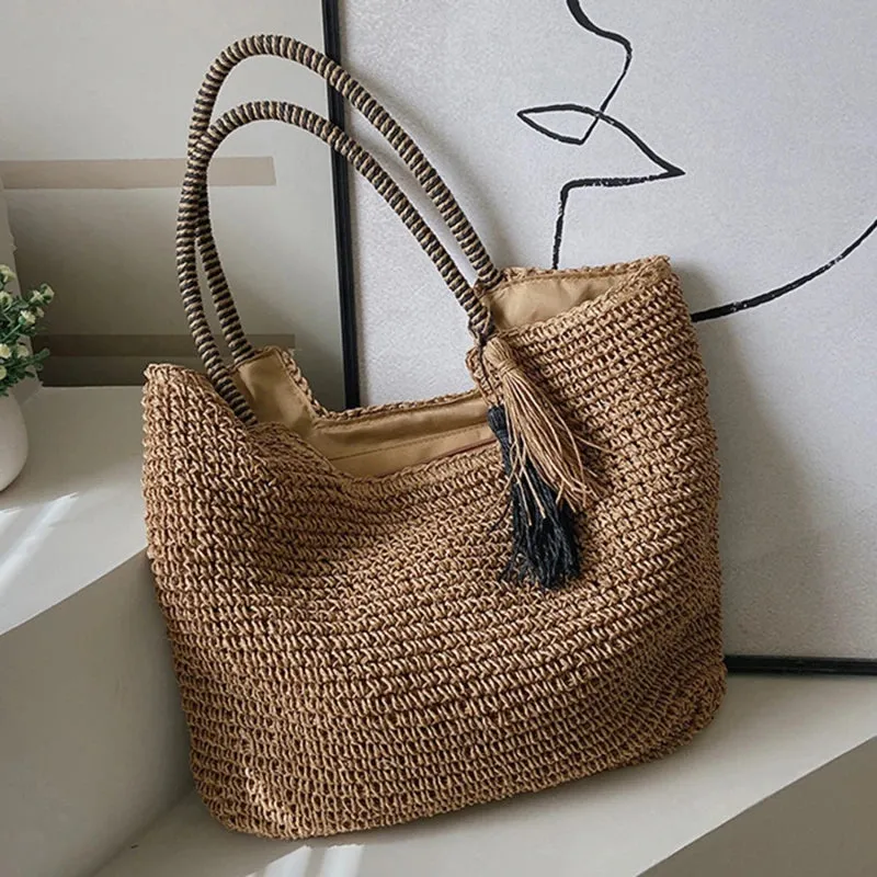 Sohiwoo Straw Weave Tassel Tote Summer Beach Bags for Women  Large Capacity Fashion Shoulder Bag Lady Handbags and Purses