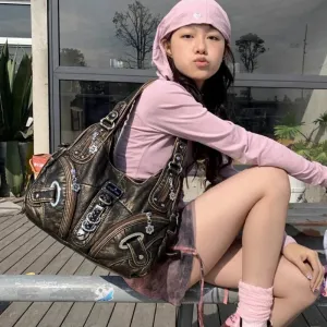 Sohiwoo Vintage Shoulder Bag for Women Y2k Gothic Large Capacity Fashion Tote Bag Aesthetic Leather Luxury Female New in Handbag