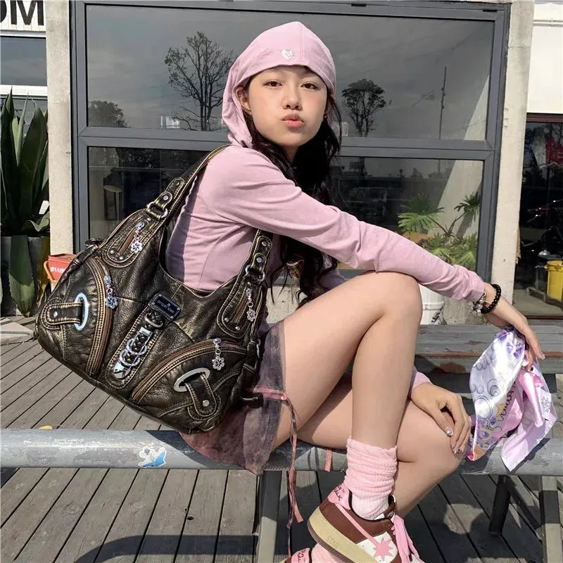 Sohiwoo Vintage Shoulder Bag for Women Y2k Gothic Large Capacity Fashion Tote Bag Aesthetic Leather Luxury Female New in Handbag