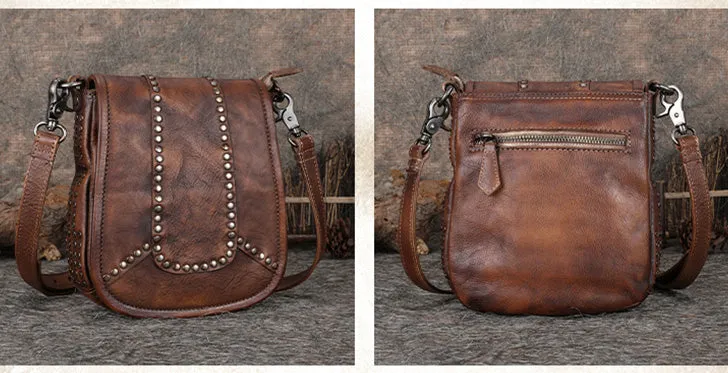 Vintage Boho Leather Crossbody Saddle Bag Western Small Satchel Purses for Women
