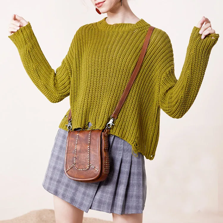 Vintage Boho Leather Crossbody Saddle Bag Western Small Satchel Purses for Women