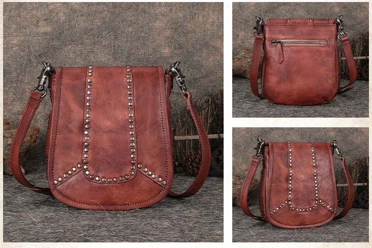 Vintage Boho Leather Crossbody Saddle Bag Western Small Satchel Purses for Women