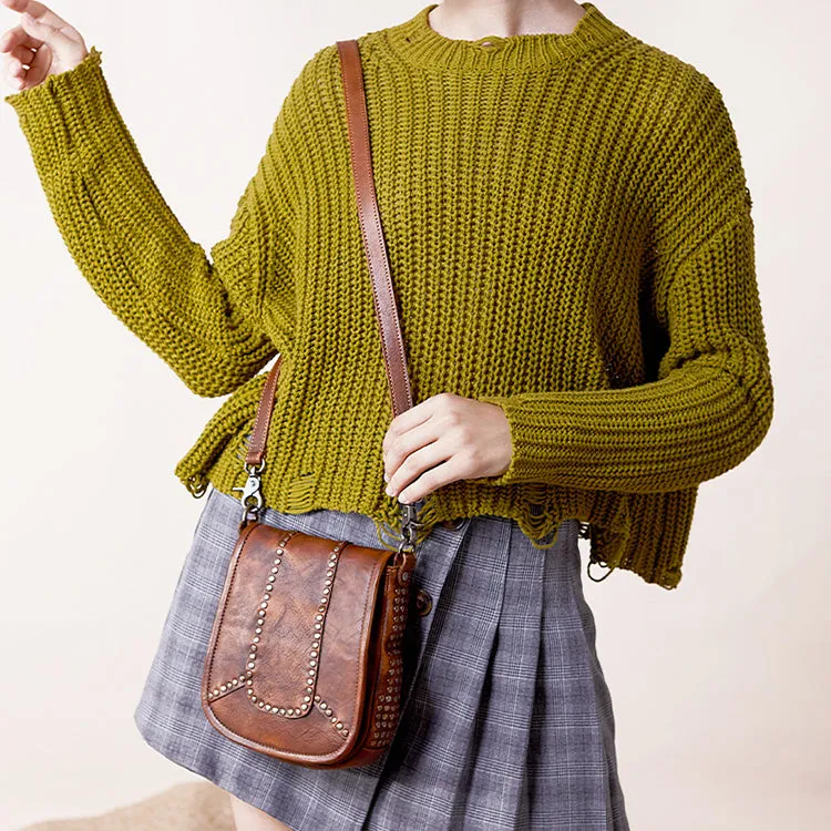 Vintage Boho Leather Crossbody Saddle Bag Western Small Satchel Purses for Women