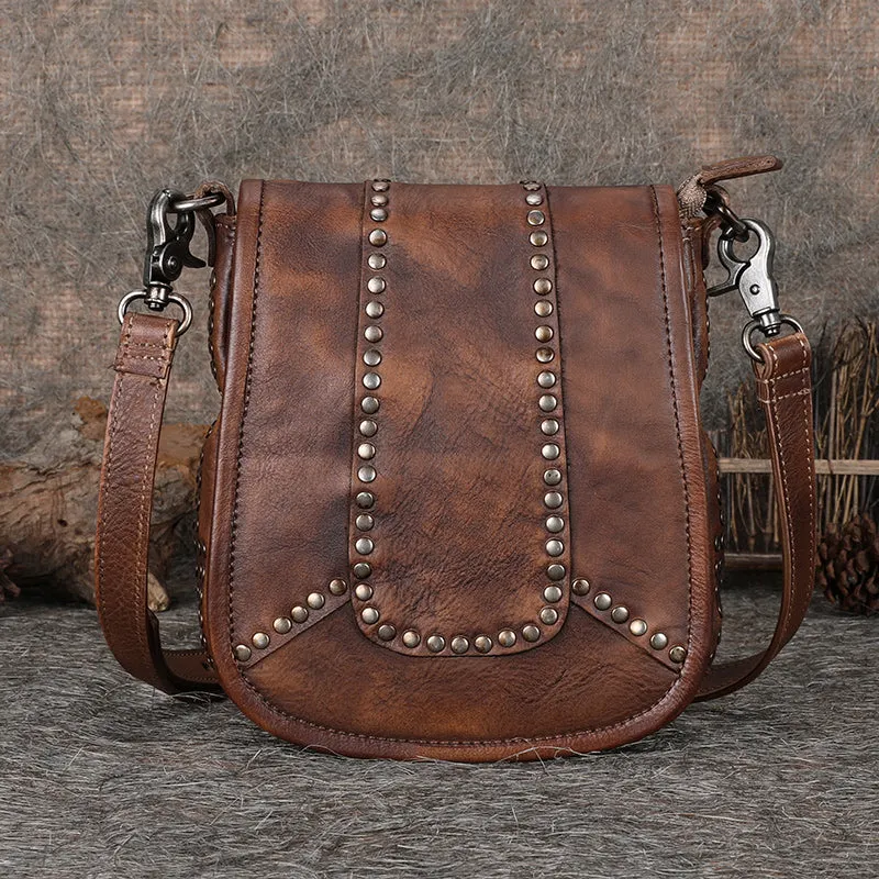 Vintage Boho Leather Crossbody Saddle Bag Western Small Satchel Purses for Women