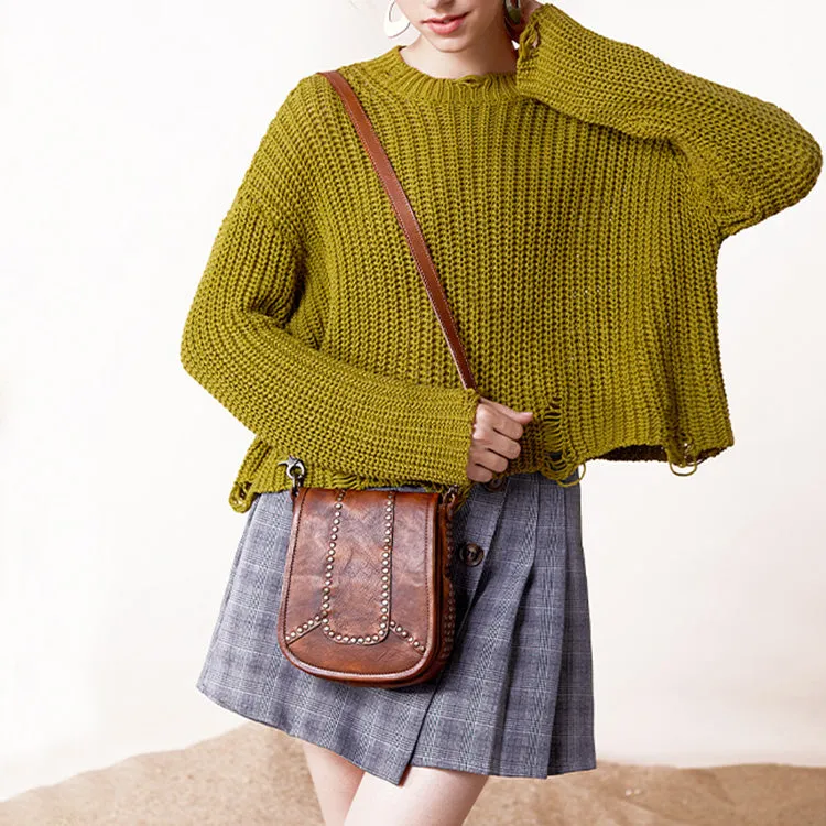 Vintage Boho Leather Crossbody Saddle Bag Western Small Satchel Purses for Women