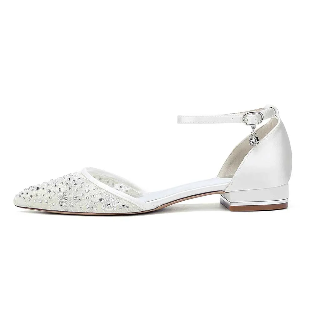 Women Lace Satin Flat Shoes Rhinestones Ballet Flats Sparkle Wedding Shoes