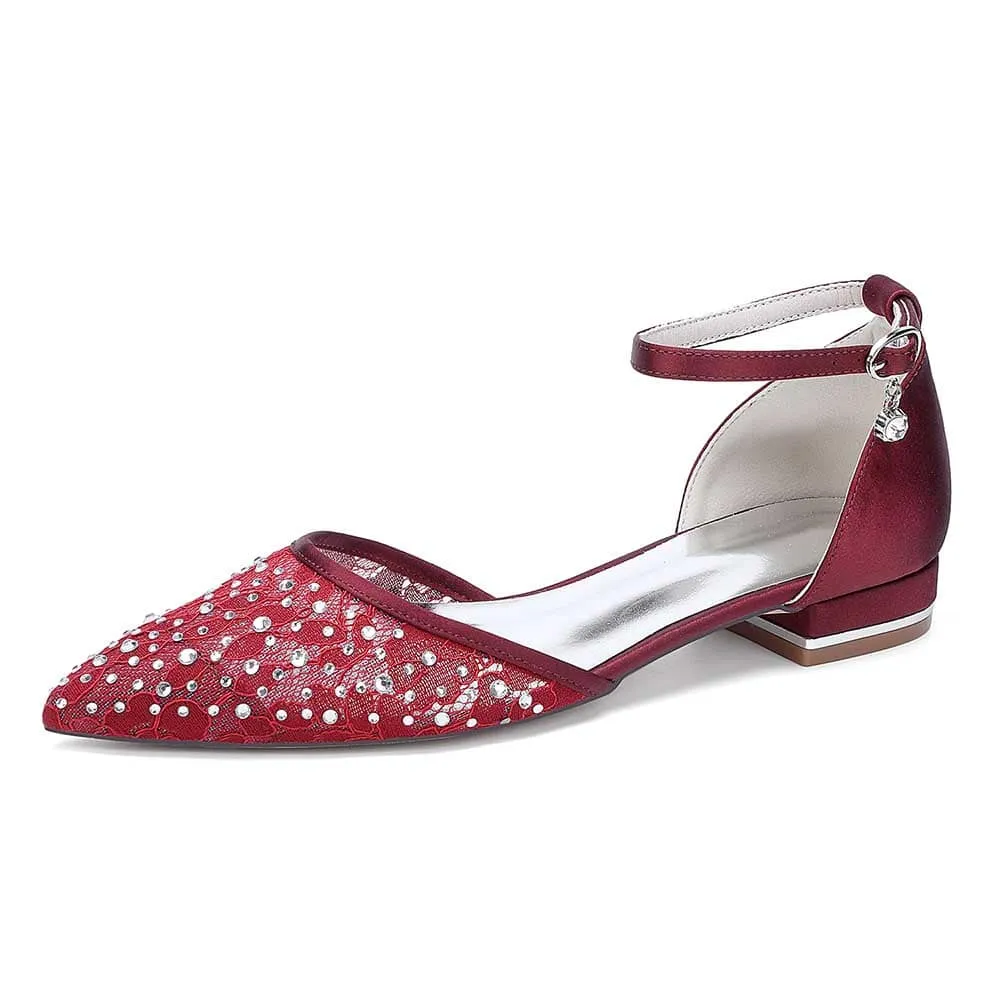 Women Lace Satin Flat Shoes Rhinestones Ballet Flats Sparkle Wedding Shoes