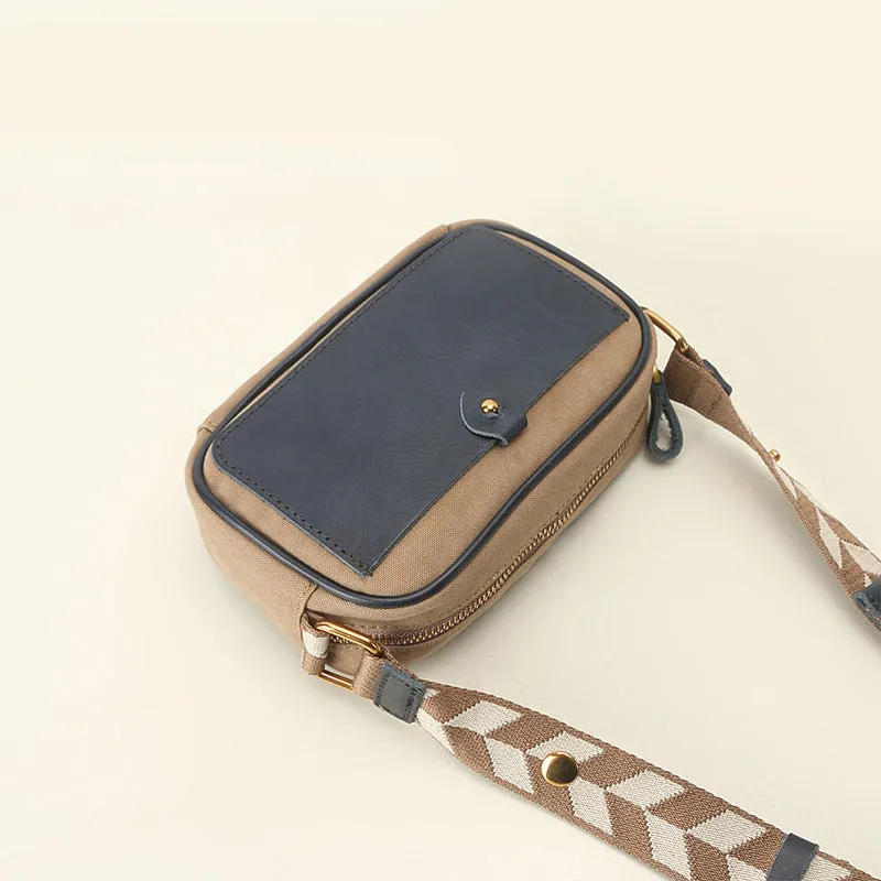 Womens Square Leather Canvas Over The Shoulder Bag Canvas Crossbody Bag For Ladies