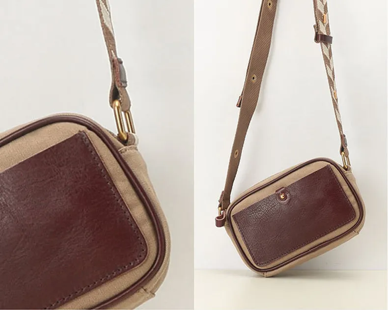 Womens Square Leather Canvas Over The Shoulder Bag Canvas Crossbody Bag For Ladies