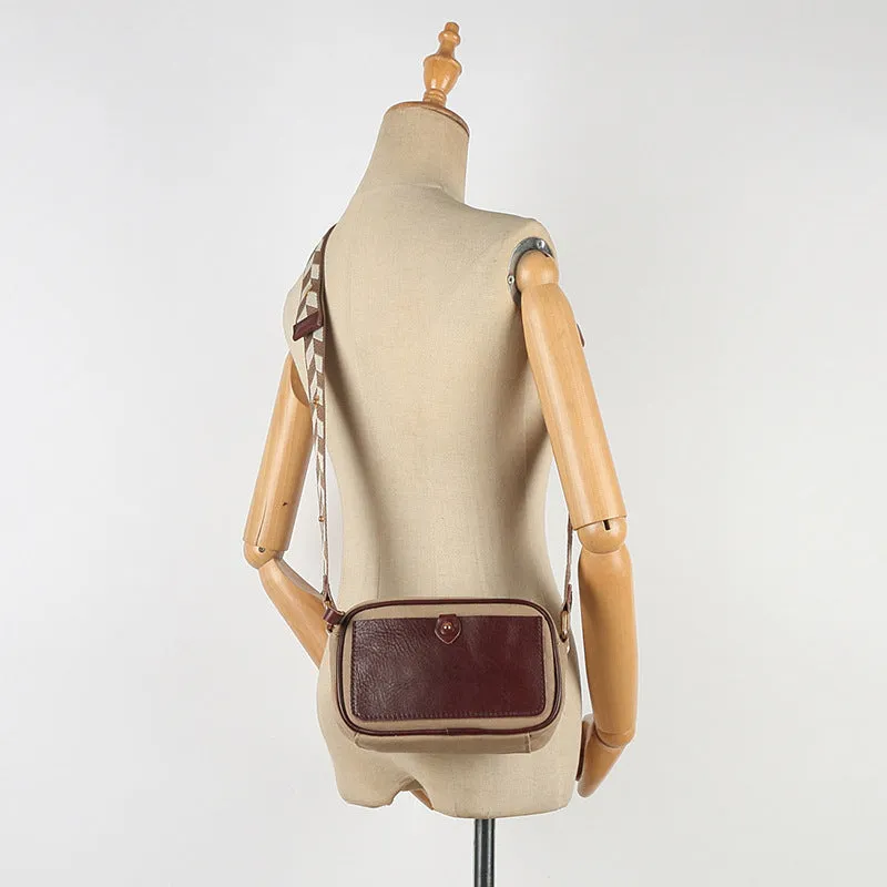 Womens Square Leather Canvas Over The Shoulder Bag Canvas Crossbody Bag For Ladies