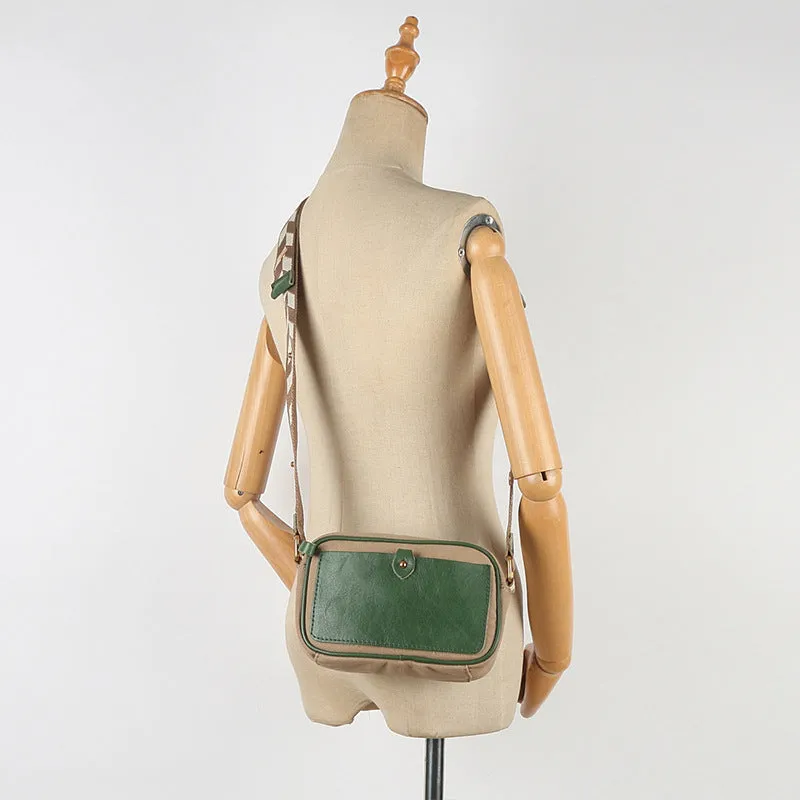 Womens Square Leather Canvas Over The Shoulder Bag Canvas Crossbody Bag For Ladies