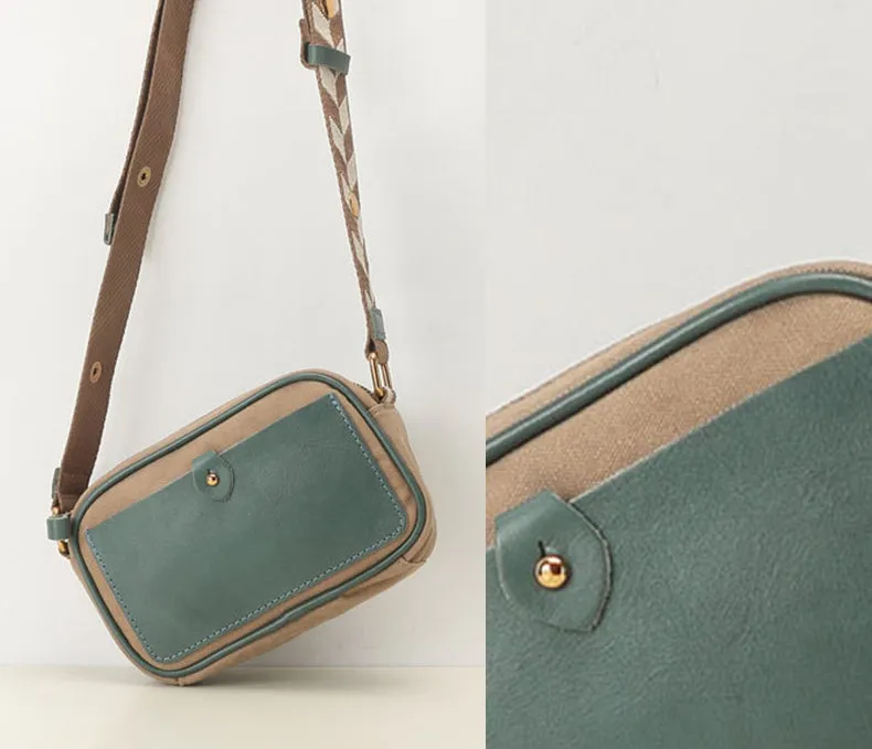 Womens Square Leather Canvas Over The Shoulder Bag Canvas Crossbody Bag For Ladies
