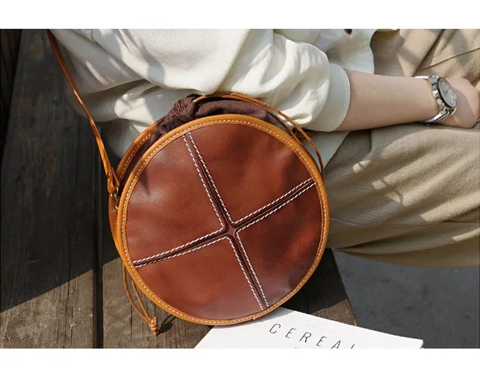 Womens Tan Leather Circle Bag Round Purse Over The Shoulder Purse