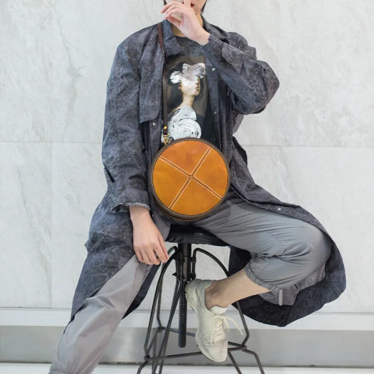 Womens Tan Leather Circle Bag Round Purse Over The Shoulder Purse