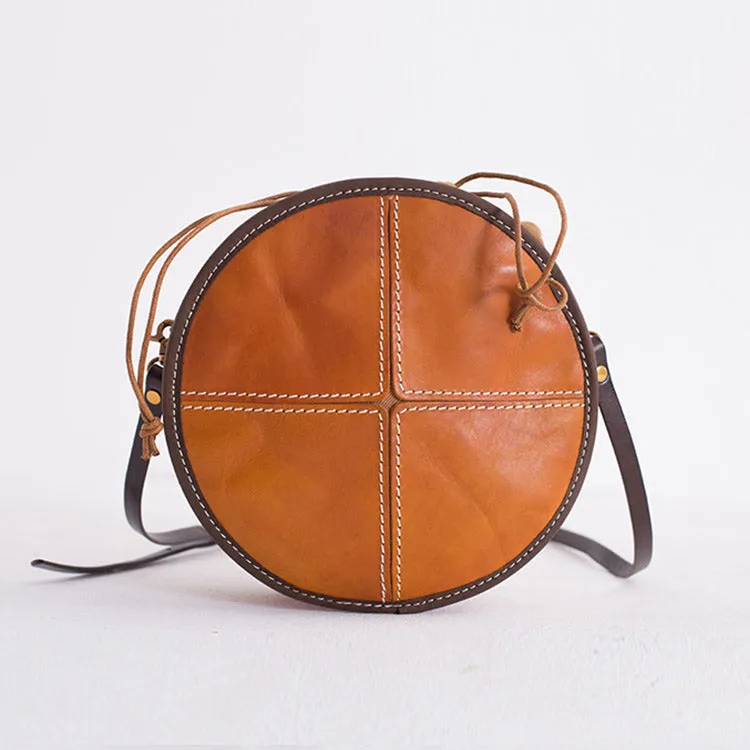 Womens Tan Leather Circle Bag Round Purse Over The Shoulder Purse