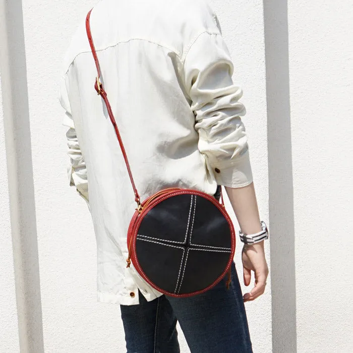 Womens Tan Leather Circle Bag Round Purse Over The Shoulder Purse