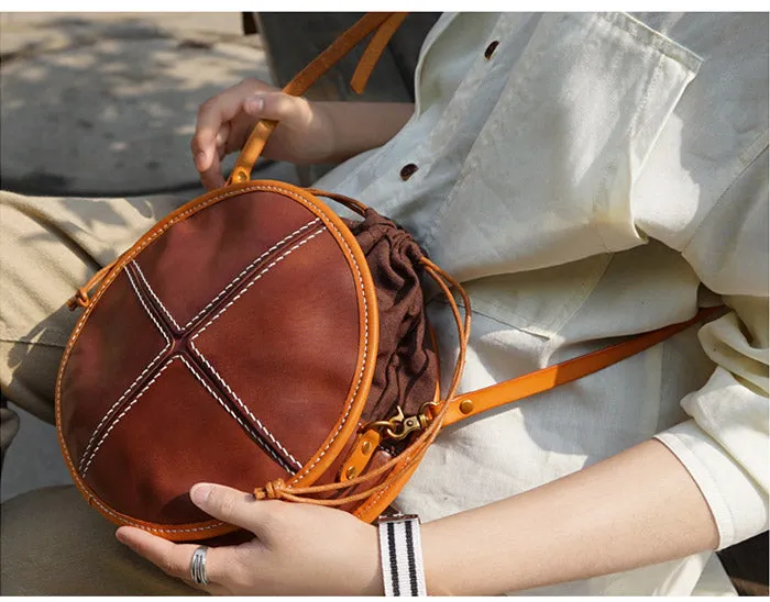 Womens Tan Leather Circle Bag Round Purse Over The Shoulder Purse