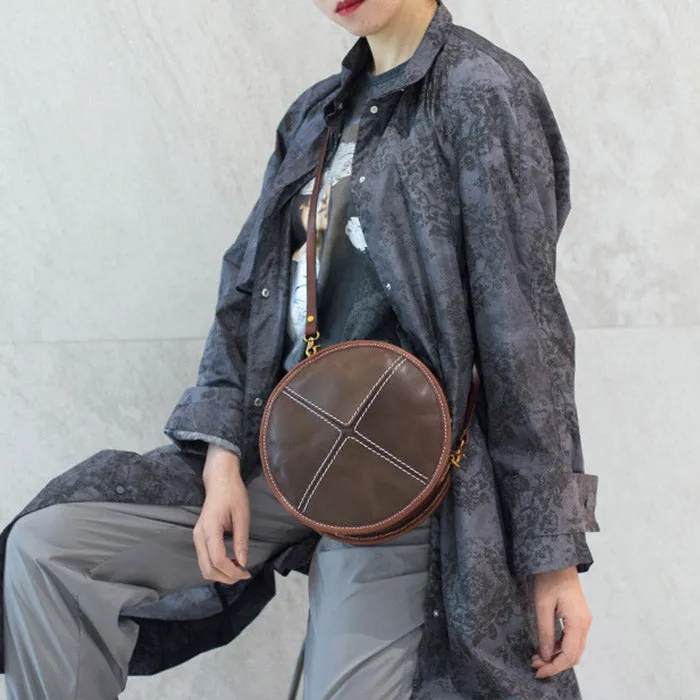 Womens Tan Leather Circle Bag Round Purse Over The Shoulder Purse