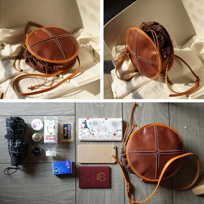 Womens Tan Leather Circle Bag Round Purse Over The Shoulder Purse