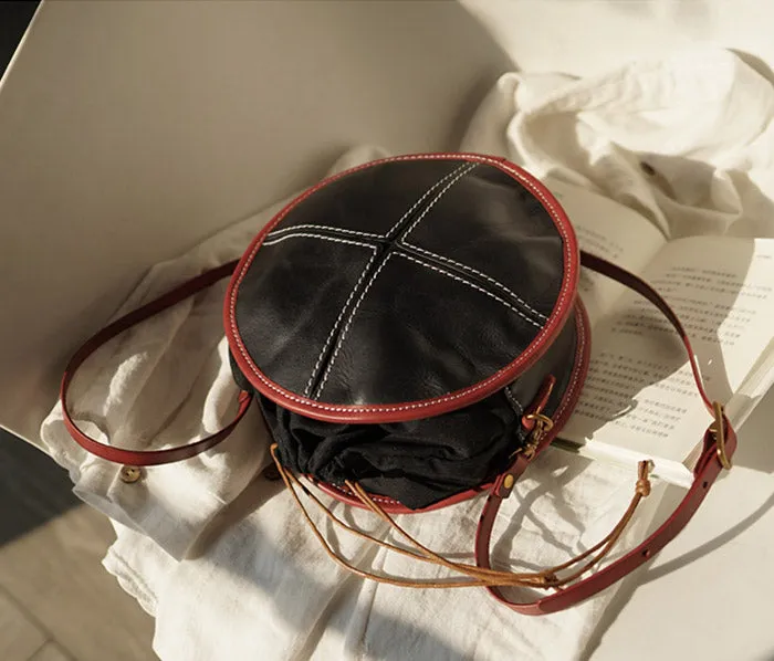 Womens Tan Leather Circle Bag Round Purse Over The Shoulder Purse