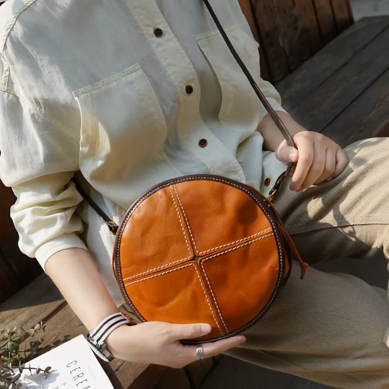 Womens Tan Leather Circle Bag Round Purse Over The Shoulder Purse