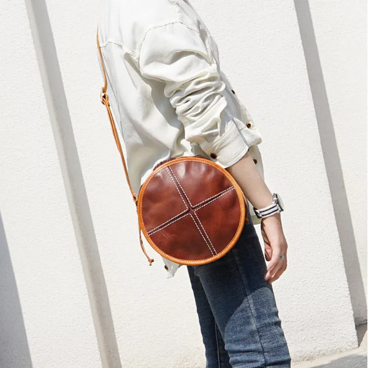 Womens Tan Leather Circle Bag Round Purse Over The Shoulder Purse