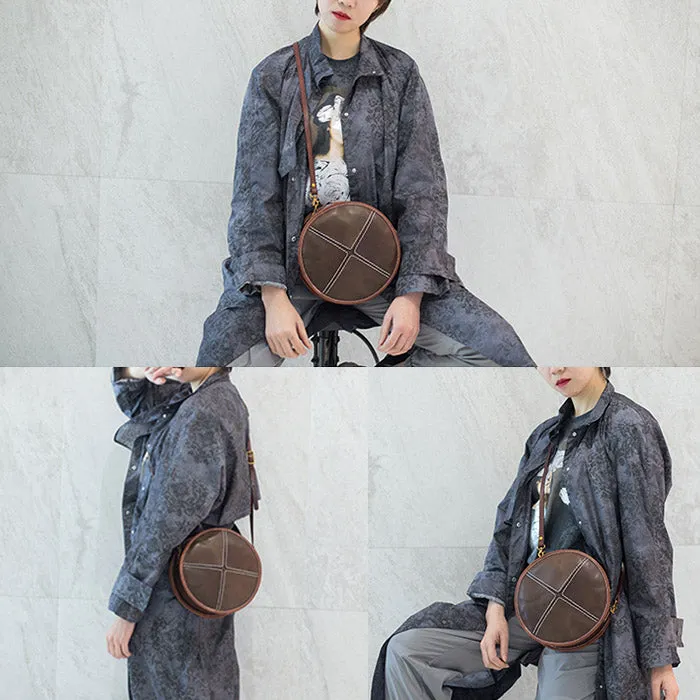 Womens Tan Leather Circle Bag Round Purse Over The Shoulder Purse