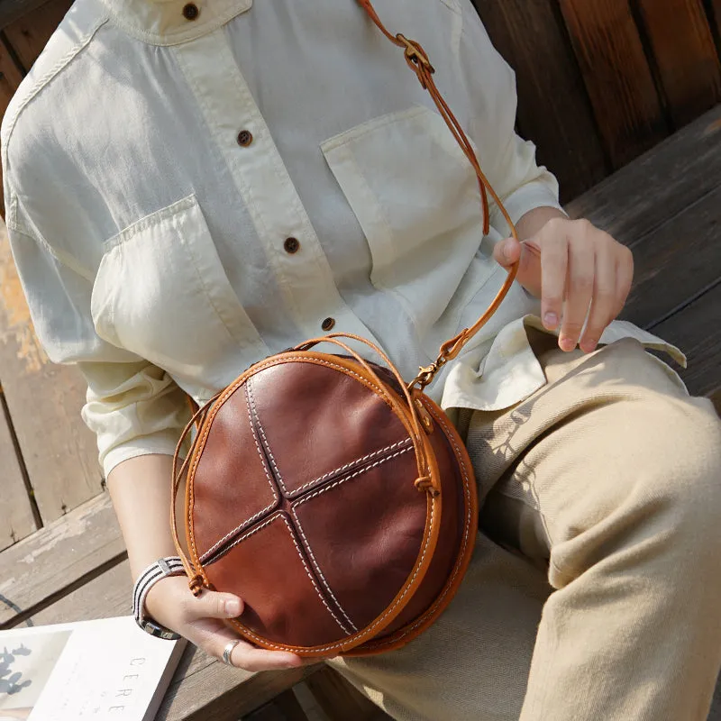 Womens Tan Leather Circle Bag Round Purse Over The Shoulder Purse