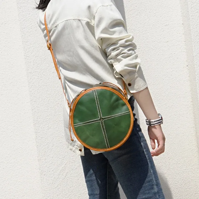 Womens Tan Leather Circle Bag Round Purse Over The Shoulder Purse