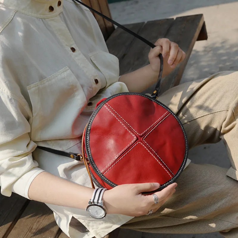 Womens Tan Leather Circle Bag Round Purse Over The Shoulder Purse