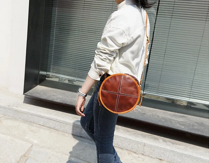 Womens Tan Leather Circle Bag Round Purse Over The Shoulder Purse