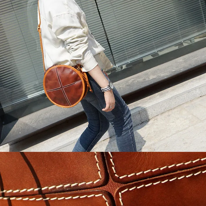 Womens Tan Leather Circle Bag Round Purse Over The Shoulder Purse
